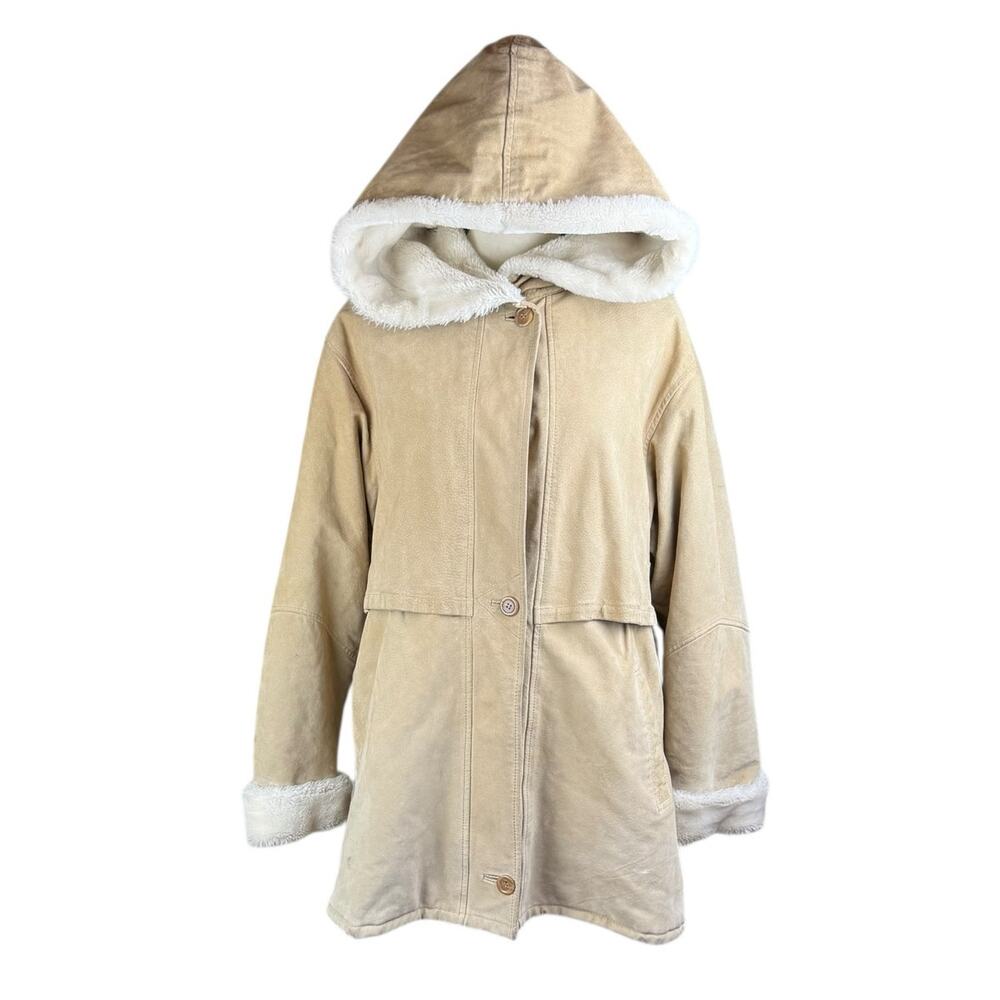 Vintage Marvin Richards Tan Nubuck Leather Faux Fur Hood Penny Lane Heavy Coat